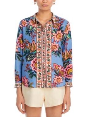 Farm Rio Floral Button-Up Blouse | Blue Tropical Print | Size M